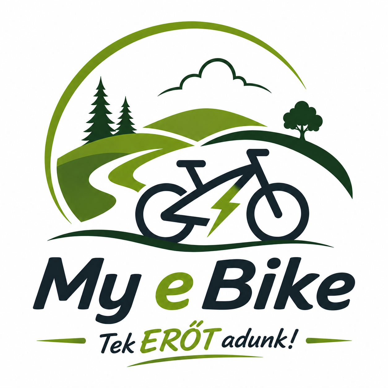My eBike logó: kerékpár, dombok és fák